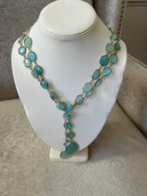 Load image into Gallery viewer, Aqua chalcedony vermeil lariat necklace displayed on a white jewelry bust