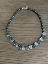 Load image into Gallery viewer, Deep Green Pearl Necklace with Green Moss Aquamarine & White Topaz Briolles