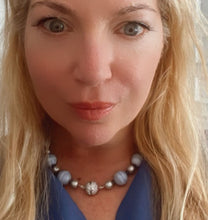 Load image into Gallery viewer, Blue Lace Agate Necklace with Silver Pearls