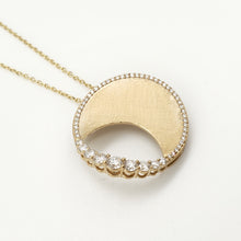 Load image into Gallery viewer, cross satin diamond half moon pendant necklace side