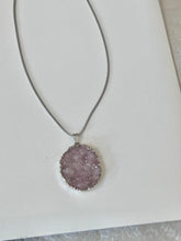 Load image into Gallery viewer, Pink druzy sterling silver pendant necklace displayed flat on a white background