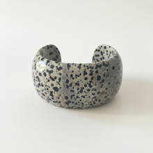 Load image into Gallery viewer, Grey Dalmatian jasper cuff bracelet solo product shot