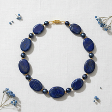 Load image into Gallery viewer, Lapis & Dark Pearl Necklace Single Clasp Flat Lay