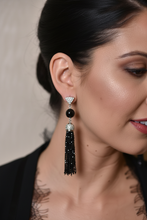 Load image into Gallery viewer, Long Black Spinel Tassle Statement Earrings - tight close-up