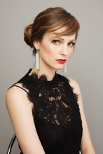 Load image into Gallery viewer, Long Tassle Moonstone Statement Earrings styled on model