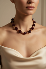 Load image into Gallery viewer, Model shot of burgundy bead necklace