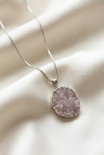Load image into Gallery viewer, Pink druzy necklace on ivory satin