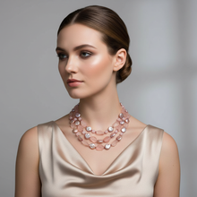 Load image into Gallery viewer, Rose Quartz and Iridescent Coin Pearl Necklace - Refined Proportions