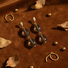 Load image into Gallery viewer, Smoky Quartz Double Drop Earrings Cognac Flat Lay