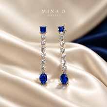 Load image into Gallery viewer, Square: diamond drop earrings with blue sapphires