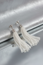Load image into Gallery viewer, Styled moonstone tassel earrings alternate background