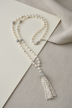 Load image into Gallery viewer, Styled pearl tassel necklace alternate background