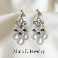 Load image into Gallery viewer, White topaz and iolite earrings on ivory satin