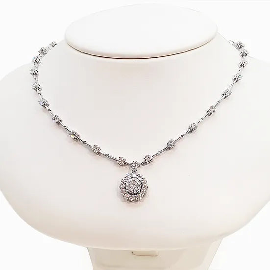 Diamond Link Necklace with One Carat Diamond Halo Center
