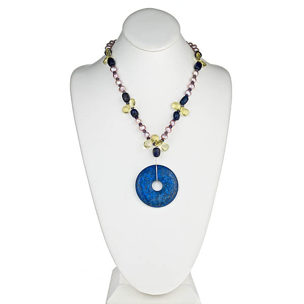 Blue Lapis Champagne Pearl Circle Pendant Necklace
