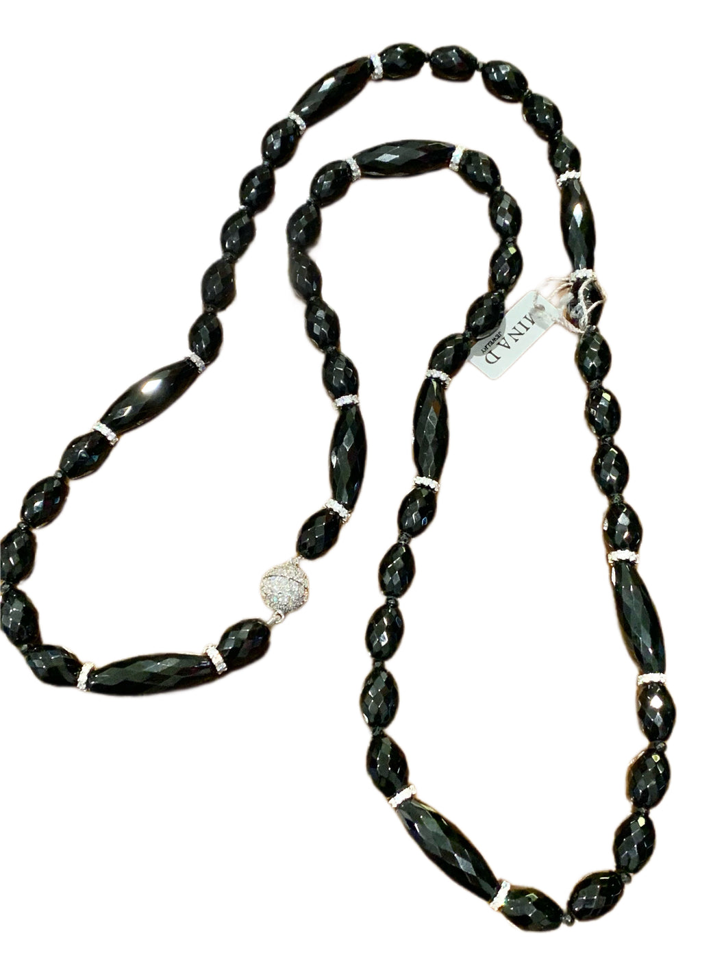 Long Faceted Onyx & CZ Roundel Necklace