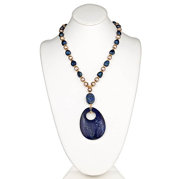Blue Lapis and Champagne Pearl & Blue Pearl Pendant Necklace