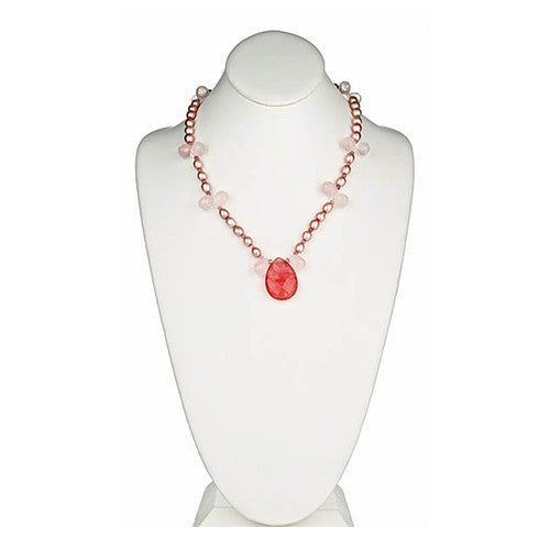 Rose Quartz Briolle, Pink Pearl Necklace with Cherry Quartz Pendant - minadjewelry
