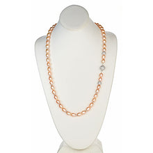 Load image into Gallery viewer, Peach Pearl and Sterling Silver CZ Roundels with CZ Pave Sterling Silver Clasp Necklace - minadjewelry