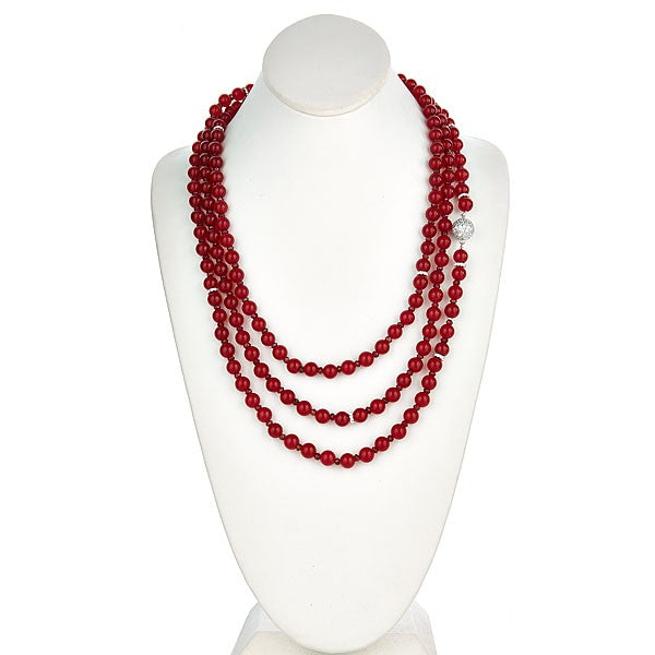Red Jade Long Necklace with CZ Pave Sterling Silver Clasp - minadjewelry