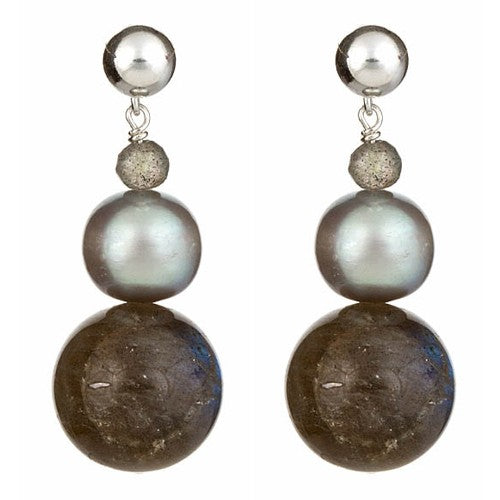 Labradorite & Silver Grey Pearl Earrings with Shiny Sterling Silver Post - minadjewelry