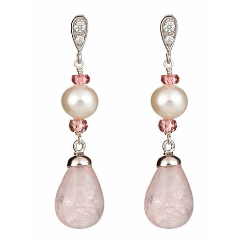 Rose Quartz & White Pearl Drop Earrings with CZ Pave post - minadjewelry