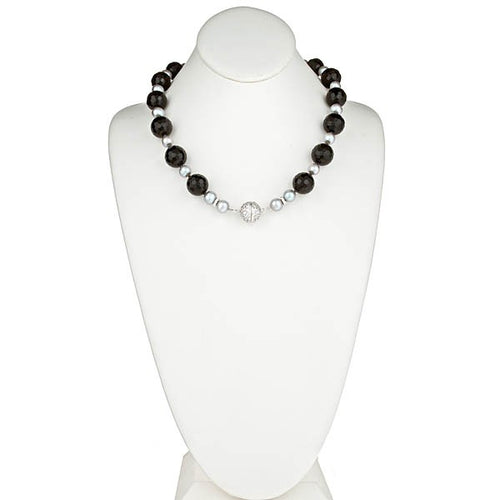 Onyx & Silver Grey Pearl Necklace with CZ Pave Clasp - minadjewelry
