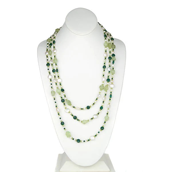 Mina D Jewelry's pick of the week, Our Endless 80" inch White Coin Pearl, Malachite, Peridot & Prehnite Necklace