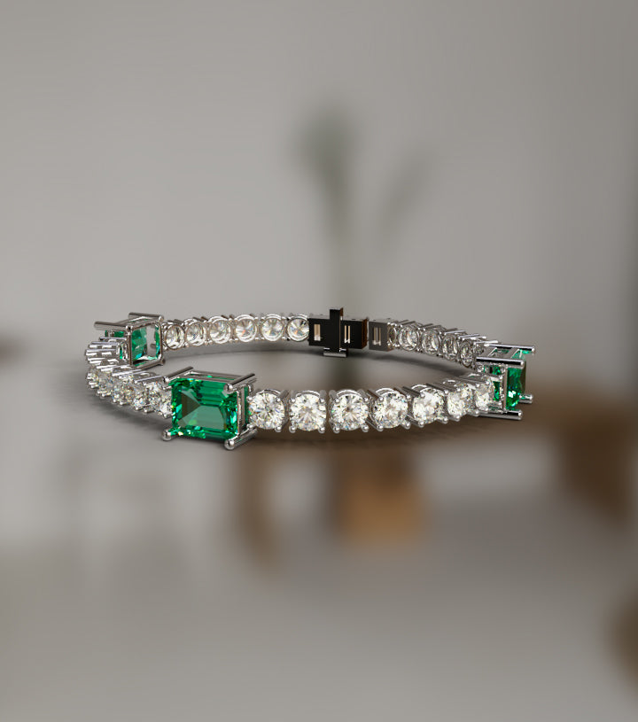 Diamond Tennis Bracelet with Green Emerald Stones