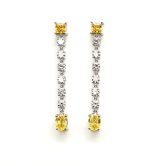 Diamond dangling straight earrings with yellow saphire