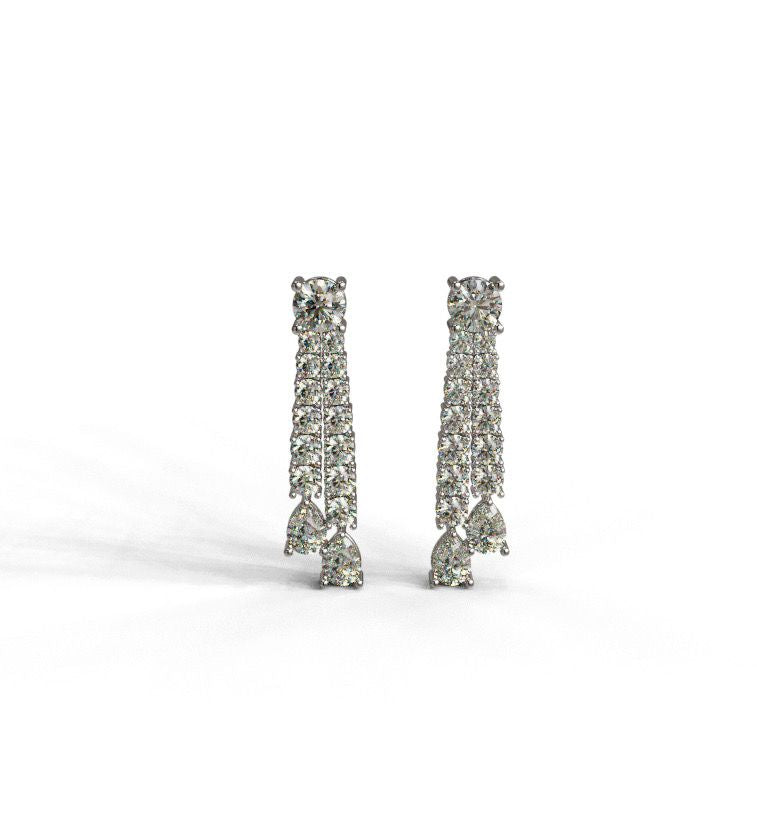 Two Row Diamond Dangling Earrings with Round Diamond Center at Top