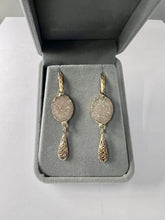Load image into Gallery viewer, Golden Druzy Dangling Earrings with Filagree Drop - minadjewelry
