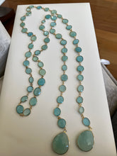 Load image into Gallery viewer, Chalcedony vermeil lariat necklace laid flat showing both teardrop ends
