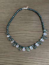Load image into Gallery viewer, Deep Green Pearl Necklace with Green Moss Aquamarine &amp; White Topaz Briolles
