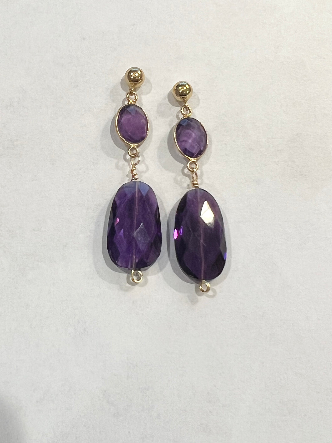 Amethyst Rectangle Earrings with Bezel Set Oval Amethyst