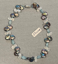 Load image into Gallery viewer, Silver Grey Keshi Pearl Necklace with Aquamarine &amp; Moonstone
