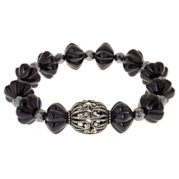Floral Carved Onyx Stretch Bracelet with Sterling Silver Filagree Center