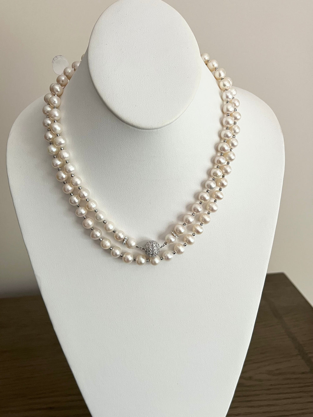 Long White Pearl Necklace with CZ Pave Clasp