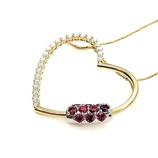 Two Tone Ruby & Diamond Heart Pendant Necklace