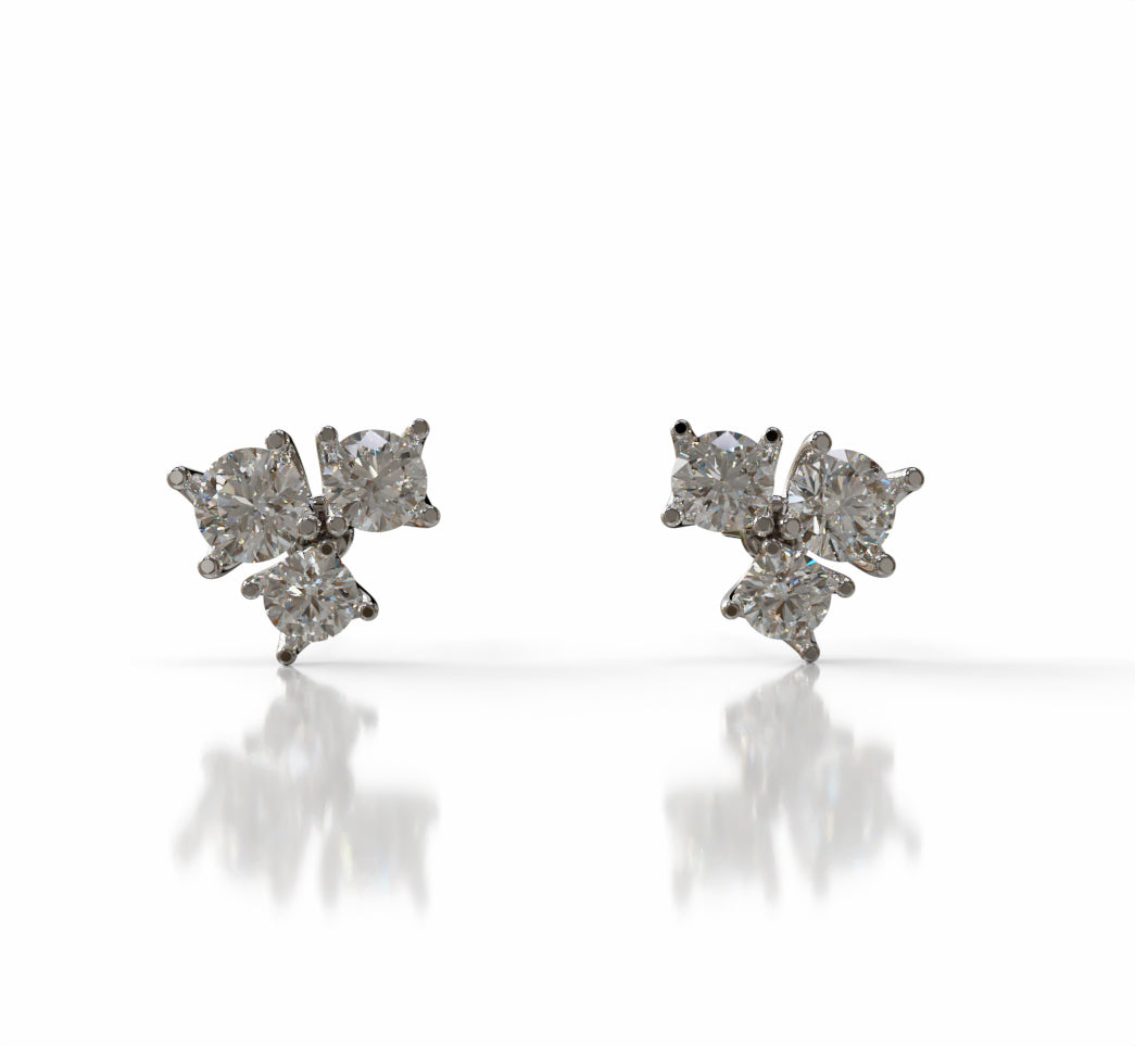 Three Stone Diamond Stud Earrings