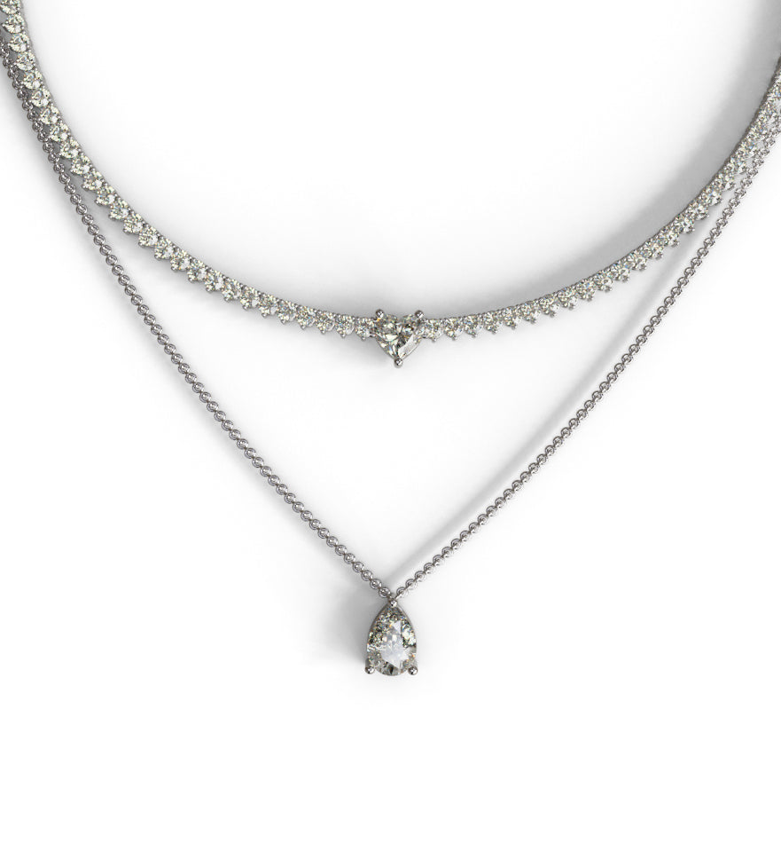 Double Row Heart & Pear Shape Diamond Tennis Necklace