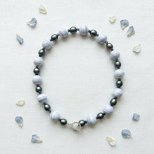 Load image into Gallery viewer, Blue Lace Agate &amp; Tahitian Pearl Necklace Flat Lay
