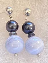 Load image into Gallery viewer, Blue Lace Agate &amp; Grey Pearl Earrings
