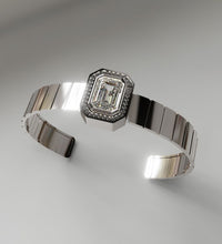 Load image into Gallery viewer, Watch Style Diamond Cuff Bracelet with 3 carat Emerald Diamond Center
