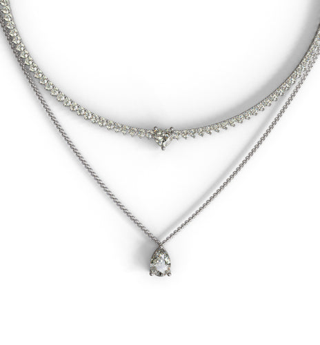 diamond tennis necklace two rows with pear shape center
