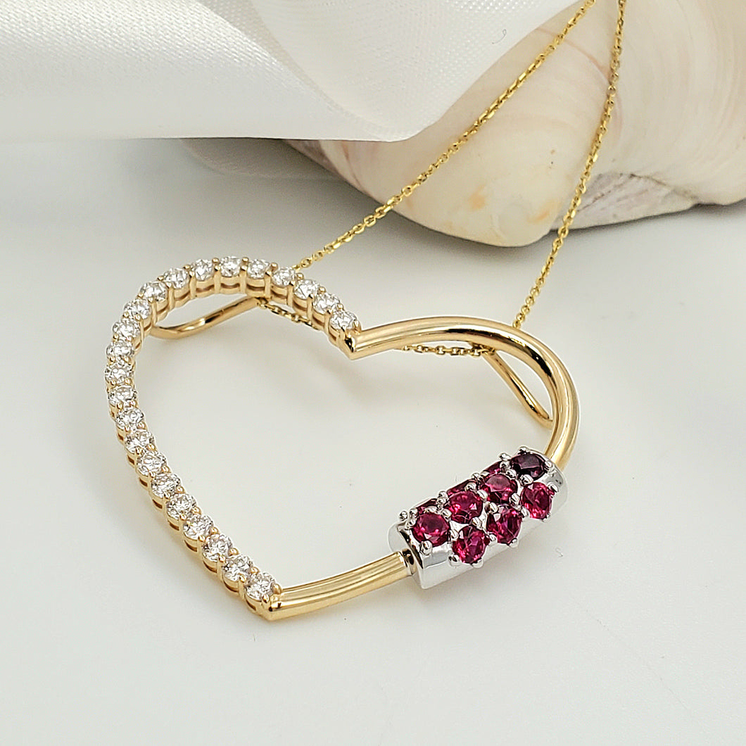 Two Tone Ruby & Diamond Heart Pendant Necklace