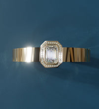 Load image into Gallery viewer, Watch Style Diamond Cuff Bracelet with 3 carat Emerald Diamond Center
