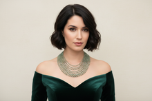 Load image into Gallery viewer, Green Amethyst Multi Row Statement Necklace on Model
