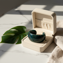 Load image into Gallery viewer, Deep green aventurine cuff bracelet in jewelry box
