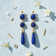 Load image into Gallery viewer, Lapis Triple Drop Earrings Flat Lay Lightened
